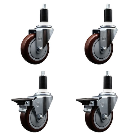 Service Caster 4'' Maroon Poly Wheel Swivel 1-3/8'' Expanding Stem Caster Set 2 Brakes, 4PK SCC-EX20S414-PPUB-MRN-2-PLB-2-138